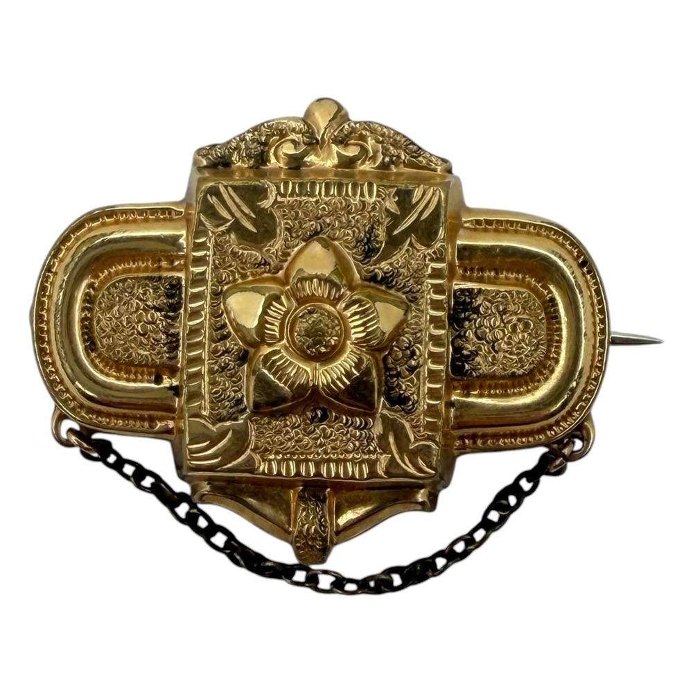Victorian Brooch Gold Tone Repousse Floral Motif